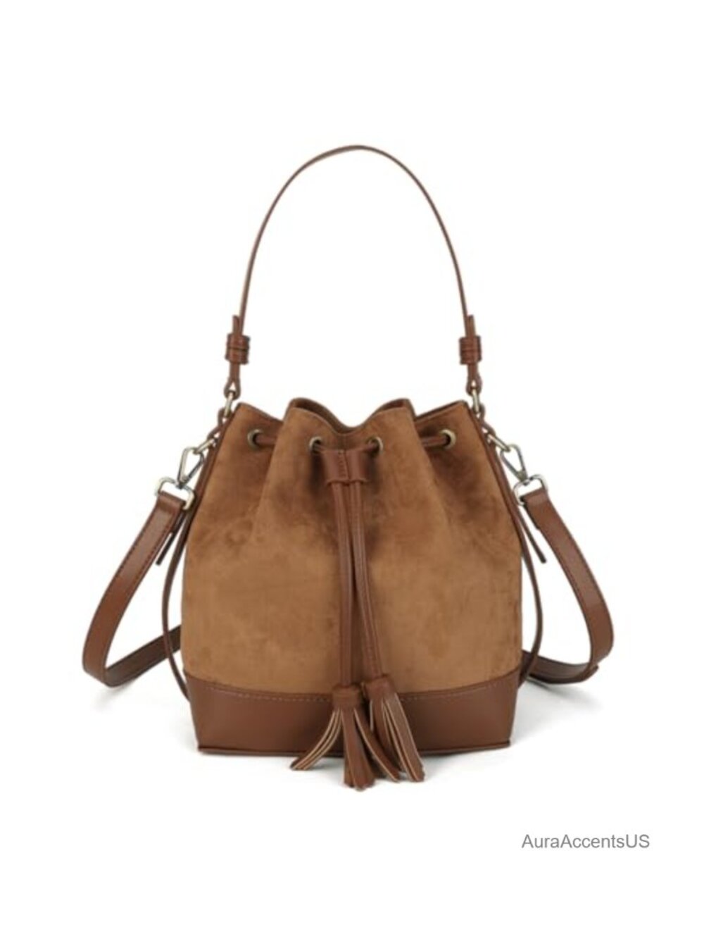 Faux Suede Bucket Bag Boho Crossbody Purse with Tassels